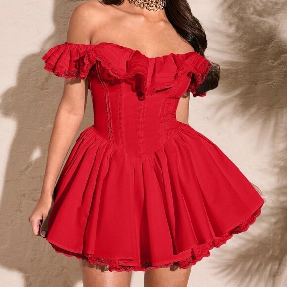 Red Elegant Women's Sexy Lace Petal Sleeve Plain Ruffle Bust Skater Dress - Picture 5 of 6